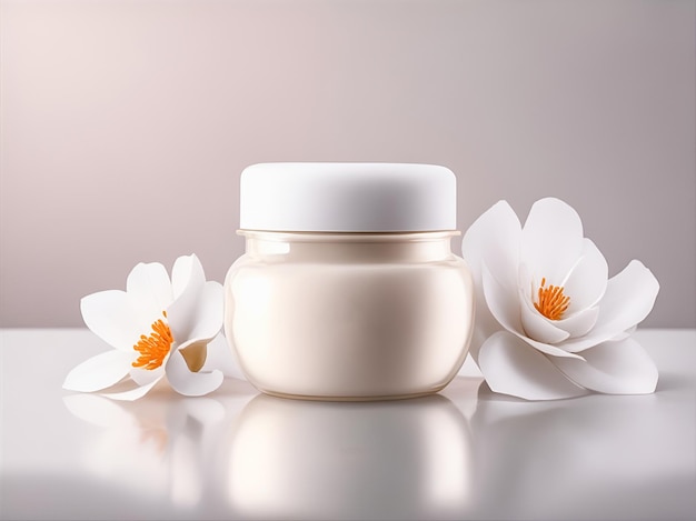 Barattolo di crema cosmetica su sfondo chiaro con fiori