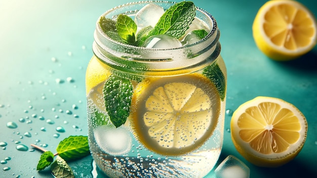 barattolo di limonata frizzante fatta con acqua soda fette di limone fresco e foglie di menta