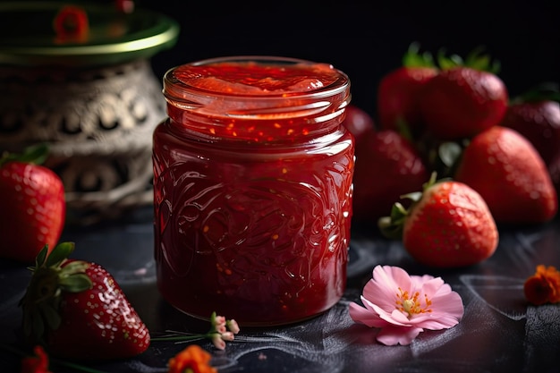 Barattolo di marmellata di fragole fatta in casa con bellissimi turbinii di rosso e rosa creati con l'IA generativa