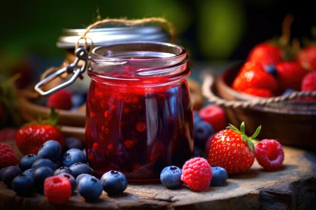 Barattolo di marmellata di frutti di bosco e frutti di bosco freschi Illustrazione dell'IA generativa