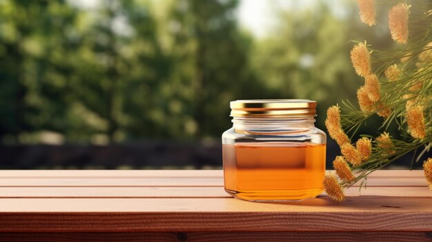 barattolo di miele con fronte vuoto realistico su un modello di modello in un tavolo di legno in un giardino estivo con api
