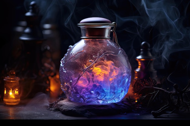 Barattolo di pozione magica di mana curativa in un barattolo di vetro su uno sfondo scuro
