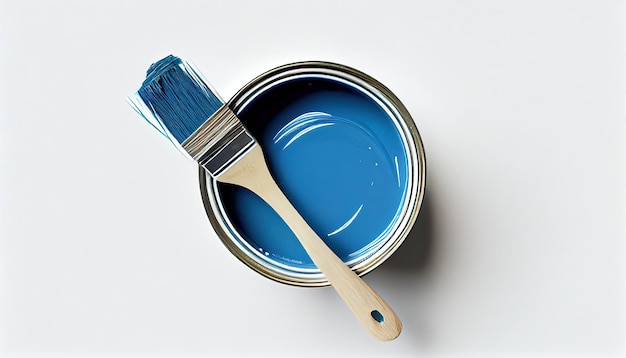 Barattolo di vernice e pennello blu classici sul backgrou bianco 1jpg