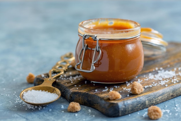 Barattolo di vetro con caramello salato fatto in casa