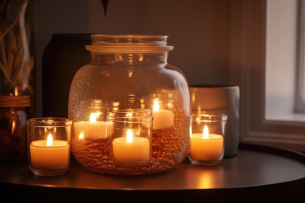 Barattolo di vetro decorativo con più candele accese che creano un'atmosfera calda e invitante