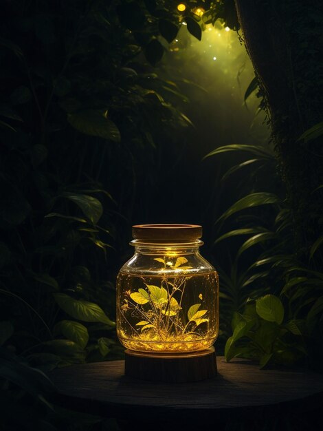 barattolo di vetro di miele messo sul tavolo dietro la giungla di notte