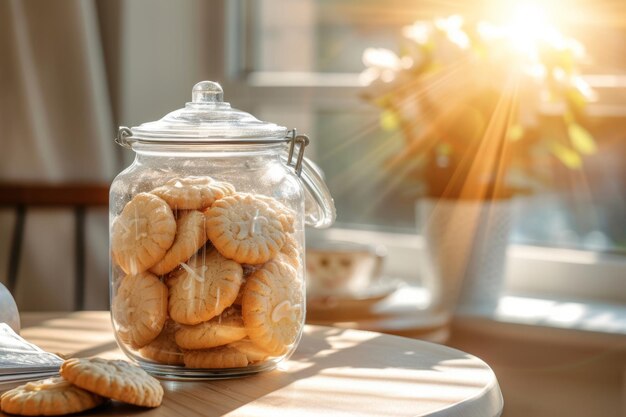 Barattolo di vetro trasparente con biscotti nell'interno di una cucina elegante AI generativa