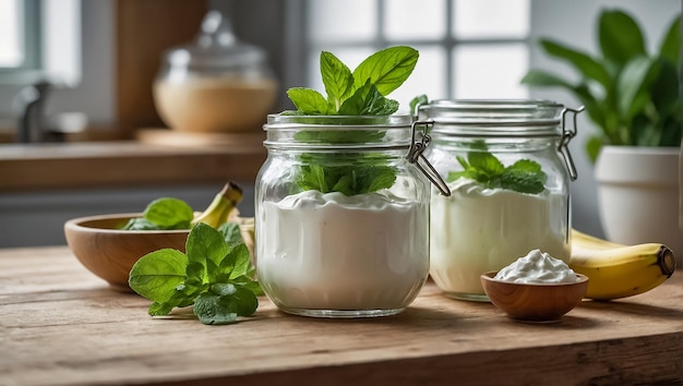 barattolo di yogurt con banana e menta fresca in cucina