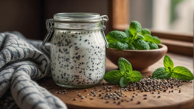 barattolo di yogurt con menta e semi di chia in cucina