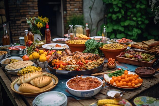 Barbecue all'aperto carne alla griglia amici riuniti risate e colori vivaci IA generativa