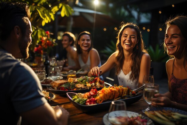 Barbecue all'aperto, carne alla griglia, bicchieri freddi e risate contagiose, IA generativa