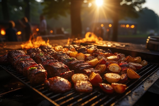 Barbecue all'aperto con carne succulenta e patate croccanti generativa IA