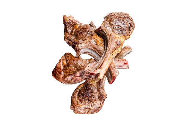 Barbecue alla griglia, cotolette di carne di agnello, bistecche su un piatto, isolato su uno sfondo bianco, vista dall'alto