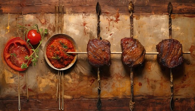 Barbecue alla griglia su carboni ardenti con verdure grigliate Pezzi di maiale alla griglia su spiedini di metallo