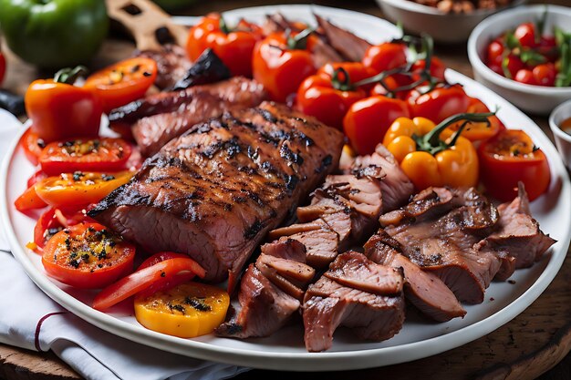 barbecue con una varietà di carni complete di pomodori e peperoni su un piatto bianco