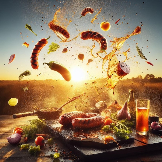 barbecue di carne pezzi volanti di carne e verdure che schizzano salse luce dorata del tramonto