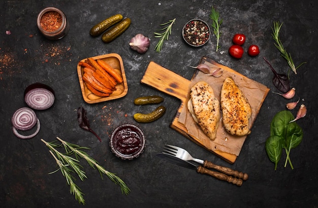 Barbecue di petto di pollo servito con verdure grigliate ed erbe aromatiche su tagliere di legno Cibo fatto in casa