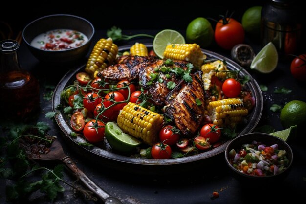 Barbecue di pollo e insalata di mais