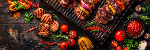 Barbecue essenziali con carni alla griglia e verdure vibranti che si mescolano in un gradiente a tonalità terrestre per un saluto