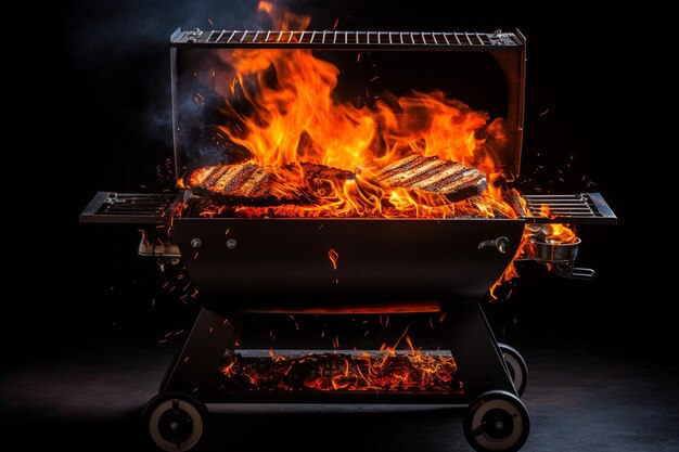 Barbecue estivo vuoto portatile BBQ grill con fuoco fiammeggiante brillante e carbone di brace su nero