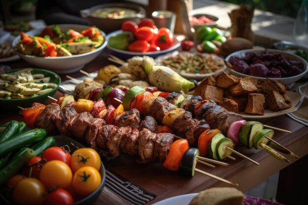 Barbecue in cortile piatti di pollo picanha e verdure alla griglia in una vivace IA generativa