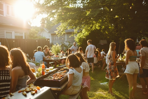 Barbecue in cortile pieno di risate, ritratti di riunioni.