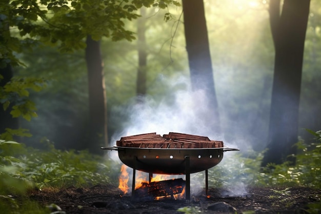 Barbecue nella foresta al tramonto Concetto di barbecue