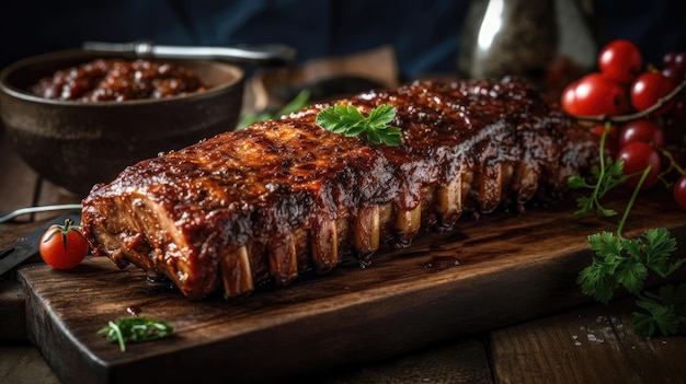 Barbecue Ribs con una spolverata di verdure verdi tritate e sfocatura dello sfondo