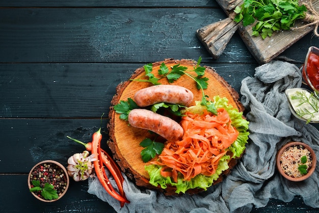 Barbecue Salsicce con verdure Vista dall'alto Spazio libero per il testo