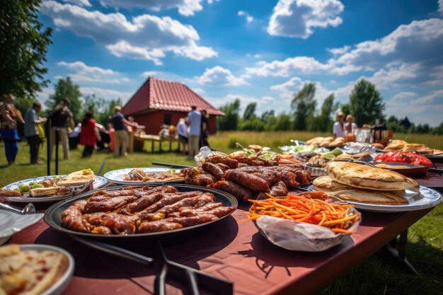 Barbecue soleggiato con gli amici e griglia di carne generativa IA