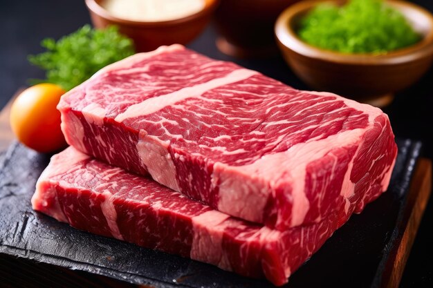 Barbecue Steak crudo di manzo Wagyu giapponese a5 C'è grasso tra la carne creato con la tecnologia Generate Ai