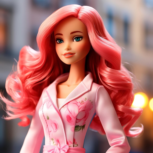 Barbie 3d con i capelli rossi lunghi capelli rosa lisci che indossa un abito rosa ultra realistico