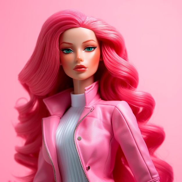 Barbie 3d con i capelli rossi lunghi capelli rosa lisci che indossa un abito rosa ultra realistico