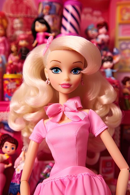 Barbie con il vestito rosa da vicino