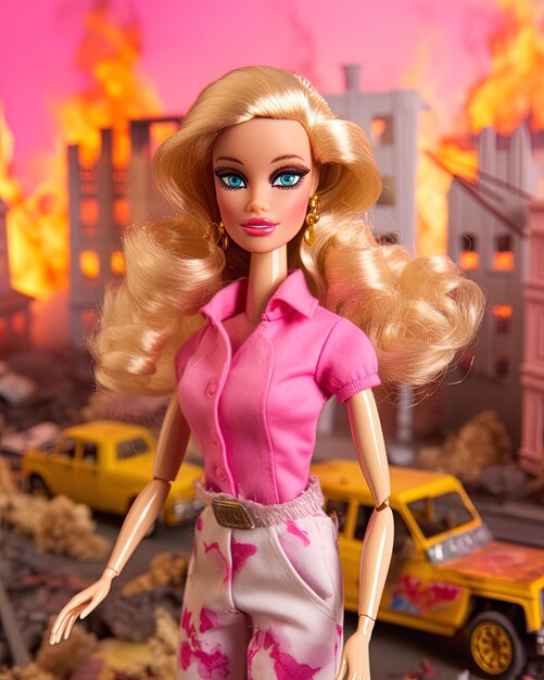 Barbie con il vestito rosa da vicino