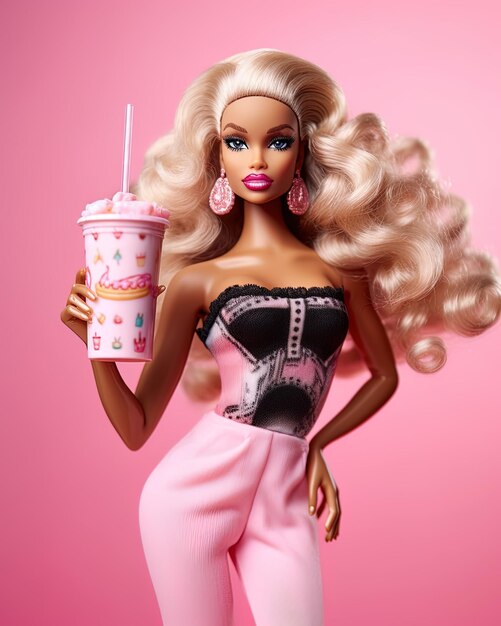 Barbie con il vestito rosa sfondo rosa da vicino