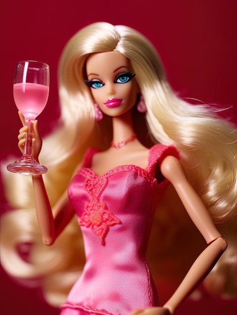 Barbie con il vestito rosa sfondo rosa da vicino