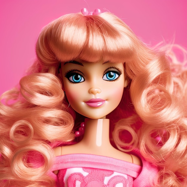 Barbie con il vestito rosa sfondo rosa da vicino