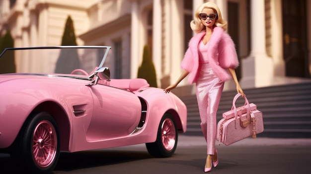 Barbie con la sua decappottabile rosa