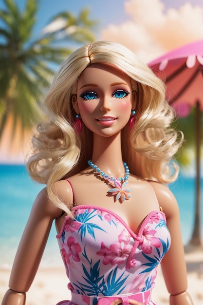Barbie con un bellissimo vestito a fiori azzurro e rosa su una spiaggia tropicale