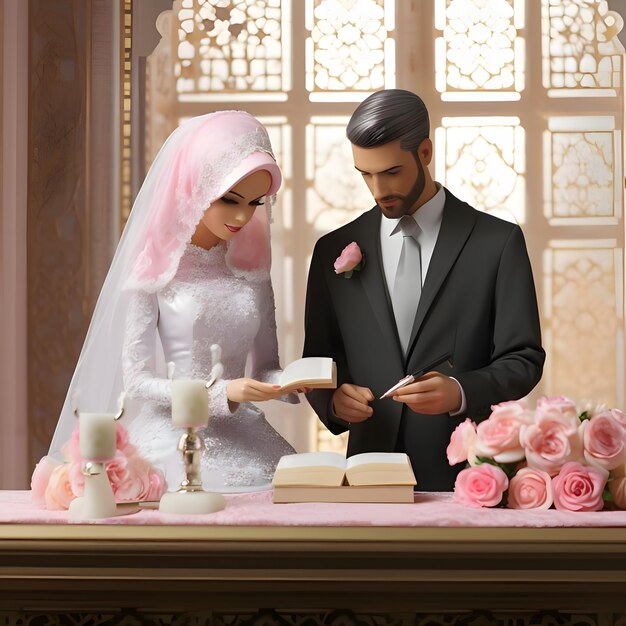 Barbie e Ken in abito da sposa sul tavolo dell altare firmano documenti Immagine Premium generata dall IA