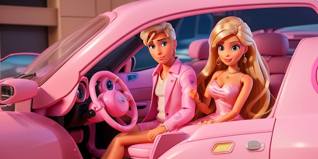 Barbie e Ken nell'auto rosa chiaro