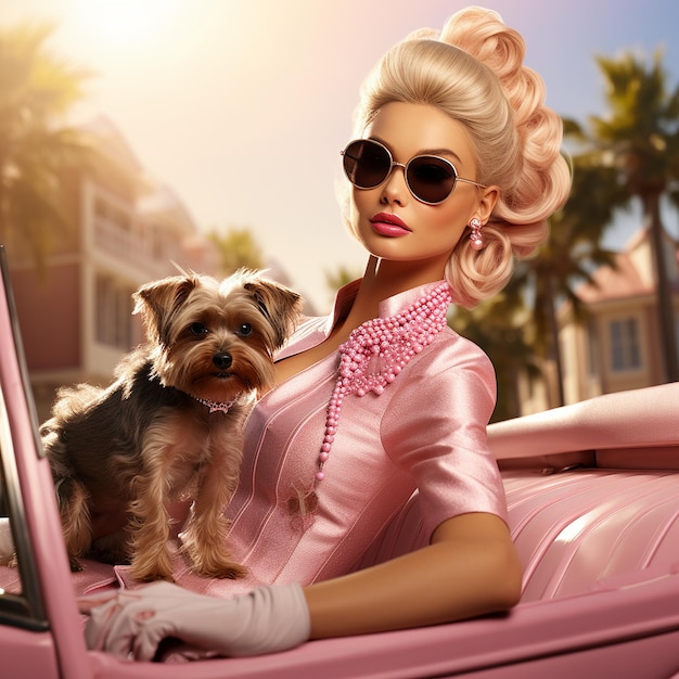 Barbie in rosa chiaro con occhiali da sole nella sua macchina rosa chiaro