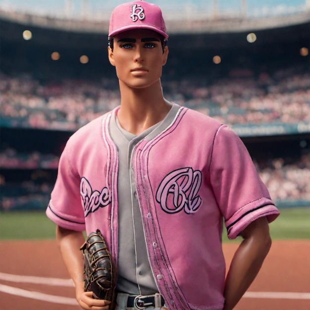 Barbie indossa una maglia da baseball colorata in uno stadio
