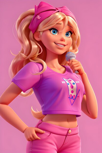 Barbie occhi blu viso sorridente cantante hip hop posa vestito in stile hip hop con maglietta rosa