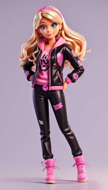 Barbie ragazza con capelli biondi neri e rosa, corpo intero, sfondo rosa