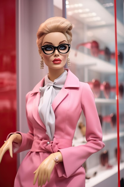 Barbie rosa con occhiali nel negozio Prada nello stile di foto di alta qualità ad alto dettaglio