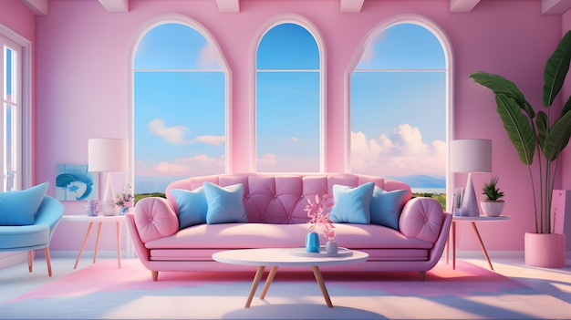 Barbie rosa e blu interno del salotto moderno con pareti rosa divano rosa e tavolo da caffè rotondo