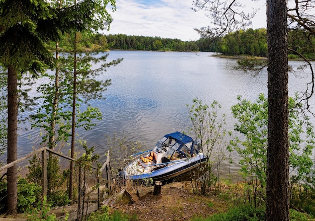 Barca a motore sul lago Onega e la natura della Carelia, Kizhi, Russia