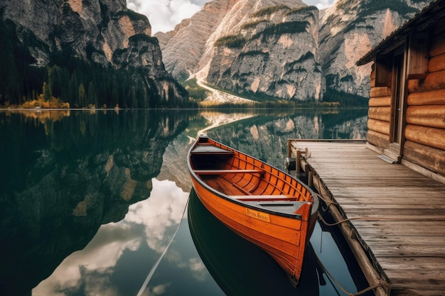 Barca a remi in legno sul lago panoramico con montagne sullo sfondo IA generativa